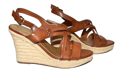 Unisa Brown Strappy Faux Leather Straw Wedge Heel Platforms Size 8.5 M - Image 1 of 4