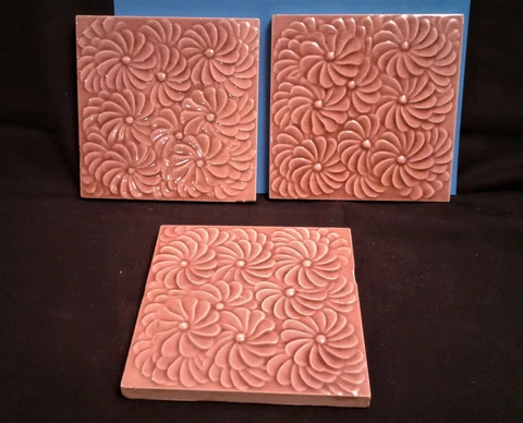 3 Tiles Antique Cambridge Art Tile Works Flowing Brown Flower Petals Cover
