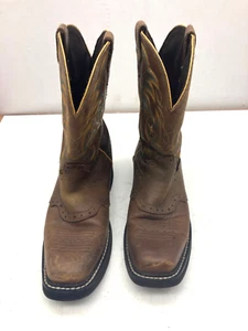 Justin Brown Leather Western Cowboy Boots With Embroidered Design Square Toe Men - Picture 1 of 8