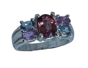 14k Pink Tourmaline , Aquamarine & Sapphire Ring, Free Sizing. - Picture 1 of 9