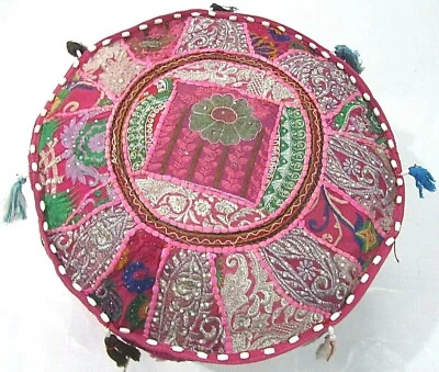 Khambadiya Floral Patchwork Round Bean Bag Pouf Ottoman Pouffe Cover Seat Stool - Image 1 of 4