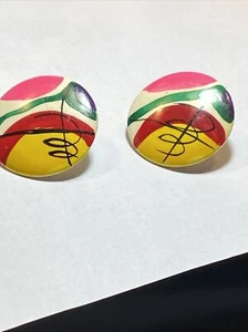 VINTAGE MCM CUBISM HAND PAINTED BUTTON COLORFUL PIERCED EARRINGS - Picture 1 of 11