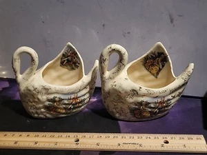Vintage Royal China Victorian Romance Scene Swan Planter 22Kt Gold Set - Picture 1 of 13