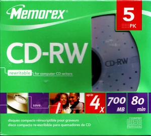 5er Pack Memorex CD-RW's 700 MB 80 Min (PN 32023406) mit Slim Cases (neu, versiegelt) - Bild 1 von 2