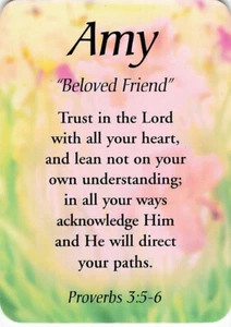 Tarjeta de significado de nombre de recuerdo de Amy ""Beloved Friend"" con verso - Imagen 1 de 2