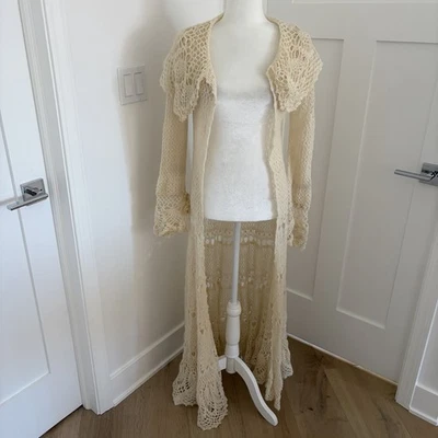 Free People Ivory Crochet Knit Open-Front Maxi Cardigan / Duster – Size M*O30 - Image 1 of 4