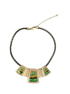 Chico’s Enamel Mosaic Collar Statement Necklace Green Silver Tone Braided Strap - Picture 1 of 6