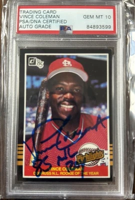VINCE COLEMAN 1985 DONRUSS HIGHLIGHTS RC 签名 85 NL ROY INSCRIPTION PSA/DNA 10 — 第 1/2 张图片
