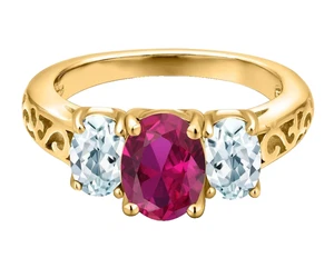 925 Silver Yellow Gold Plated Created Ruby Sky Blue Aquamarine Three Stones Ring - Picture 1 of 4