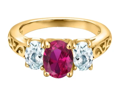 925 Silver Yellow Gold Plated Created Ruby Sky Blue Aquamarine Three Stones Ring - Image 1 of 4