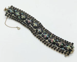 Vintage goldfarben schwarz & pastellfarbenes Zinken-Set Strass 7,75" Armband unsigniert - Bild 1 von 5