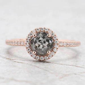 0.96 Ct Rose Cut Salt And Pepper Diamond Ring 14K Rose Gold Engagement Gift Ring - Picture 1 of 8