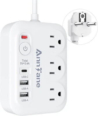 European Travel Plug Adapter US to UK Europe Power Strip for EU/UK/US with USB