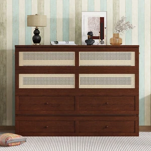 Queen Size Murphy Bed, Pine Wood Cabinet Bed with Rattan Decoration and Storage - Picture 1 of 12