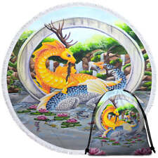 Japanese Water Lilies Garden Unity Koi Dragons Round Beach Towel