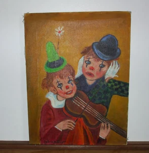Pintura al óleo vintage, (después) niños payasos, Sylvia Zalinger, 1974 - Imagen 1 de 10