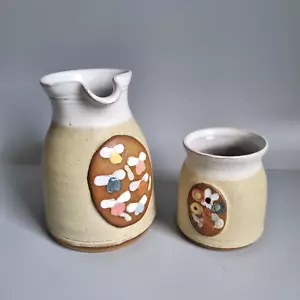 Studio Pottery Stoneware Decorated Water Jug & Mug Bees Flowers Signed - Picture 1 of 10