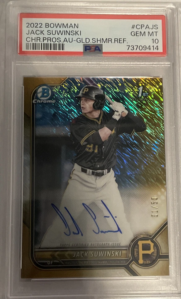 2022 Bowman Chrome Jack Suwinski Gold Shimmer Refractor Auto #/50 PSA 10 Pirates - Image 1 of 2