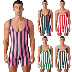 Body canottiera uomo a righe atletica bodycon tuta wrestling singlet - Foto 1 di 49