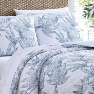 Tommy Bahama Quilt Set Voll/Königin Baumwolle Wende Blumenmuster Freizeit Blau (3-teilig) - Bild 1 von 4