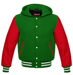 Chaqueta con capucha universitaria de béisbol de lana para hombre con mangas de cuero genuino - Imagen 1 de 3
