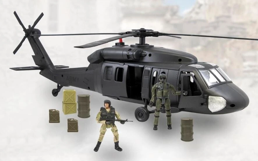 LARGE BLACK HAWK HELICOPTER 60cm & ACTION FIGURES - World Peacekeepers Age 3+