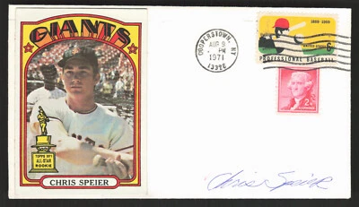 Sobre firmado por Chris Speier pegado en tarjeta de béisbol automático de los Gigantes de San Francisco Foto 1 de 2