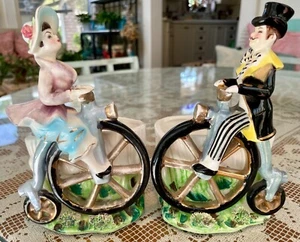 Pair Vintage Napco Fancy Victorian Man Woman High Wheel Bicycle Unicycle Planter - Picture 1 of 12