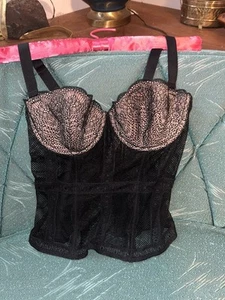 Victoria’s Secret Black Nude Lace Bustier Corset Too 36C Fishnet Mesh Teddy Rib - Picture 1 of 8