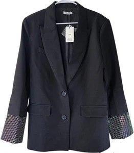 NWT SLA The Label THEA IRIDESCENT DIAMANTÉ CUFF BLACK BLAZER Size Medium - Picture 1 of 3