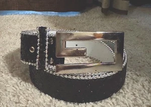 Black Metallic Silver G Buckle Glitter Studded Womens Belt Vintage - Picture 1 of 5
