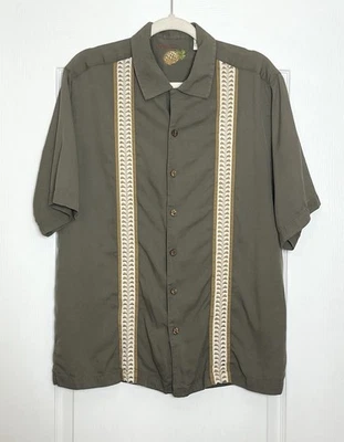Camisa vintage caribeña de seda y algodón con botones talla M verde oliva rayas hawaianas Foto 1 de 4