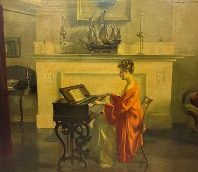 Litografía de colección Marguerite Stuber Pearson "At The Melodeon" sobre madera grande Foto 1 de 4