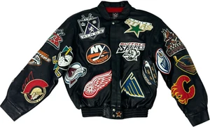 JH DESIGN NHL Premier Edition Black Leather Multi Patch Men's Bomber Jacket XXL - Picture 1 of 15