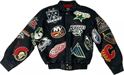 JH DESIGN NHL Premier Edition Black Leather Multi Patch Men's Bomber Jacket XXL - Image 1 of 4