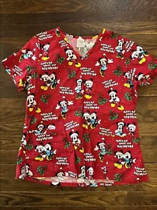 Disney Christmas Scrub Top Sz L Mickey Minnie Mouse Meet Me Under The Mistletoe - Picture 1 of 4
