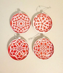 Lot of 4 Round Raised Glass Red White Design Glitter Back Ornaments 4" - Picture 1 of 2
