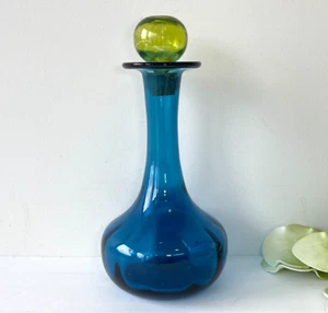 MCM Rainbow Glass Blue 12" Tall Decanter / Long Neck Vase & Green Ball Stopper - Picture 1 of 24