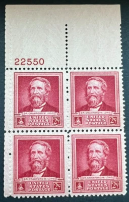 Scott#: 875 - Dr. Crawford W. Long 2¢ 1940 Plate Block of Four MNHOG - Lot 2 - Image 1 of 2