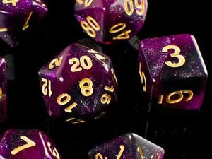 Purple Nebula Dice - Black and Purple Glitter Acrylic (Set of 7) DnD Dice - Picture 1 of 6