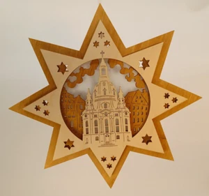 Holznischel Erzgebirge - Fensterbild "Frauenkirche" Stern beleuchtet NEU & OVP - Bild 1 von 2