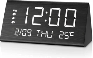 Digital Alarm Clock, with Wooden Electronic LED Time Display, 3 Alarm Settings - Picture 1 of 12