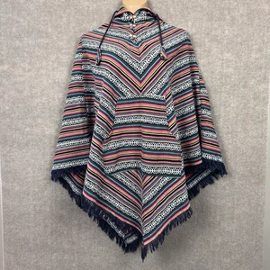 KATHMANDU Mexican Baja Poncho Jerga Hoodie Woven Striped Fringe Hippie Boho OSFM - Picture 1 of 12