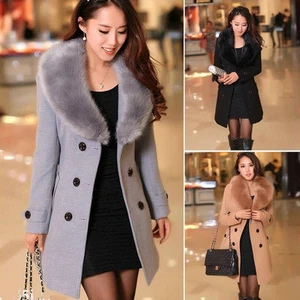  Women's Winter Coat Long Wool Jacket Fur Collar Slim Outwear Trench coat - Picture 1 of 7