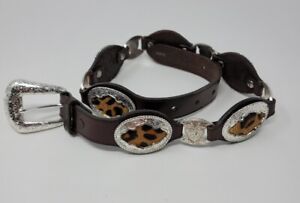 Justin Belt Sz 26 Western Concho Brown Leather Leopard Print Cowgirl Silver