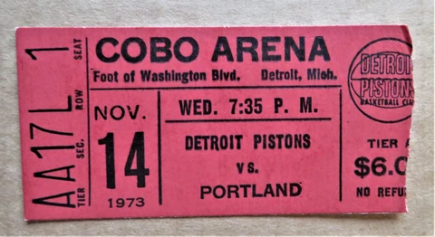 Detroit Pistons vs Portland Trail Blazers Ticket stub Nov 14, 1973 - COBO Arena Cover