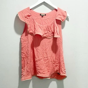 ROZAE NICHOLS Women’s Orange Peach Faux Leather Trim Ruffle Stretch Silk Top S - Picture 1 of 7