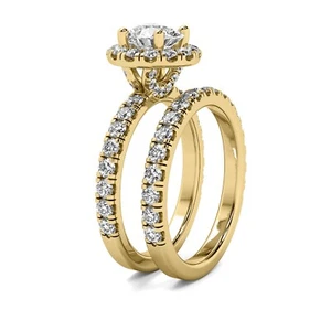 Halo 2.85 Ct E VS1 Lab Grown Round Cut Diamond Engagement Ring Matching Band Set - Picture 1 of 3