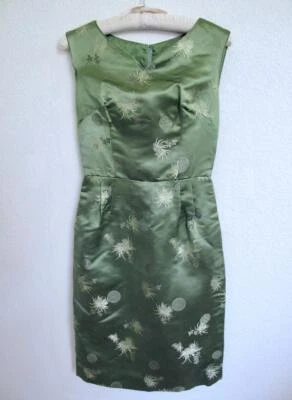 Vintage 60s Sheath Cocktail Dress XS Green Asian Design Silk Brocade Wiggle - Image 1 of 4