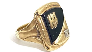 10K Art Deco Black Onyx Diamond Monogram Men's Ring Size 8.75 Yellow Gold VTG - Picture 1 of 19